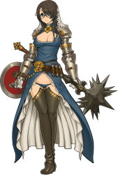 Rule 34 | 1girl, armor, armored dress, artist request, belt, belt skirt, black footwear, black thighhighs, blue eyes, blue panties, boots, breasts, brown hair, cleavage, cleavage cutout, clothing cutout, female knight, flail, full body, gauntlets, glasses, gloves, green hair, hair over one eye, highres, knight, langrisser, langrisser re:incarnation, large breasts, long hair, lowleg, midriff, navel, official art, one eye covered, panties, semi-rimless eyewear, shield, simple background, solo, thigh boots, thighhighs, underwear, weapon, white background