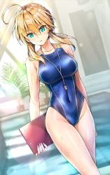 Rule 34 | ahoge, artoria pendragon (all), artoria pendragon (fate), blonde hair, blue eyes, blue one-piece swimsuit, blush, braid, breasts, clipboard, covered navel, crown braid, day, dutch angle, fate/grand order, fate (series), groin, holding, holding clipboard, indoors, koyuki (kotatsu358), large breasts, long hair, looking at viewer, one-piece swimsuit, parted lips, plant, poolside, potted plant, rei no pool, saber (fate), solo, swimsuit, wet, whistle, whistle around neck, window