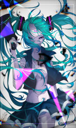 Rule 34 | 1girl, absurdres, aqua eyes, aqua hair, aqua necktie, breast tattoo, breasts, closed mouth, colored skin, commentary, cowboy shot, debris, expressionless, forehead, goma irasuto, hair ornament, hatsune miku, headphones, highres, holding, holding megaphone, koi wa sensou (vocaloid), long hair, looking at viewer, megaphone, navel, necktie, open clothes, open shirt, parted lips, skirt, sleeveless, small breasts, solo, standing, tattoo, twintails, very long hair, vocaloid, white skin
