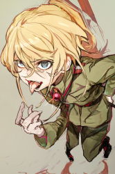 Rule 34 | 1girl, absurdres, arm behind back, arm up, belt, blonde hair, blue eyes, boots, brooch, collar, drooling, eyelashes, facing viewer, fang, female focus, green jacket, green pants, grey background, highres, hiranko, holding, jacket, jewelry, long hair, long sleeves, looking at viewer, military, military uniform, open mouth, pants, pocket, ponytail, presenting, red pupils, saliva, sexually suggestive, shadow, simple background, solo, standing, tanya degurechaff, teeth, tongue, tongue out, uniform, youjo senki