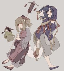 Rule 34 | 2girls, age difference, animal ears, aquaplus, black hair, blush, breasts, brown eyes, cat tail, chinese clothes, covered collarbone, dress, eyes visible through hair, full body, gradient eyes, hair between eyes, hair over one eye, hair up, height difference, highres, holding, holding staff, holding weapon, kuon (utawarerumono), long hair, long sleeves, looking at viewer, medium breasts, mole, mole under eye, multicolored eyes, multiple girls, nekone (utawarerumono), open mouth, raised eyebrows, red eyes, rg hki, sidelocks, small breasts, staff, staff (weapon), standing, standing on one leg, swept bangs, tail, utawarerumono, utawarerumono: itsuwari no kamen, weapon, white tail, wide sleeves