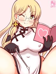 Rule 34 | 1girl, alternate costume, artist logo, black gloves, blonde hair, book, breasts, cameltoe, china dress, chinese clothes, cleft of venus, covered erect nipples, dated, dress, elbow gloves, glasses, gloves, green eyes, kanon (kurogane knights), kantai collection, large breasts, long hair, looking at viewer, northampton (kancolle), one-hour drawing challenge, one eye closed, pink background, pointer, simple background, white dress
