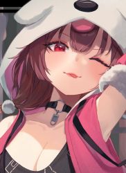 Rule 34 | ;p, animal hood, arm up, black choker, blush, breasts, brown hair, choker, cleavage, dog hood, fang, fang out, fur trim, hololive, hood, inugami korone, inugami korone (loungewear), long hair, looking at viewer, low ponytail, medium breasts, o-ring, o-ring choker, official alternate costume, one eye closed, red eyes, roco (rocoroco1115), solo, tongue, tongue out, upper body, virtual youtuber