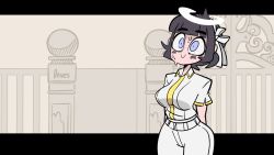 Rule 34 | 1girl, angel, animated, animated gif, azazel (helltaker), black hair, blunt bangs, breasts, closed eyes, closed mouth, collared shirt, diives, english text, gloves, hair ribbon, halo, helltaker, large breasts, navel, open clothes, open shirt, pants, ribbon, shirt, short hair, short sleeves, smile, solo, speech bubble, white gloves, white pants, white ribbon, white shirt