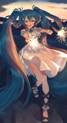 Rule 34 | :d, bare shoulders, black footwear, blue eyes, blue hair, blue nails, blush, braid, braided hair rings, cloud, commentary request, dress, fireworks, hair between eyes, hair ornament, hair rings, hairclip, hatsune miku, highres, holding, holding fireworks, long hair, looking at viewer, nail polish, off-shoulder dress, off shoulder, open mouth, outdoors, outstretched arms, pentagon (railgun ky1206), sandals, sky, smile, sparkler, standing, standing on one leg, sunrise, toenail polish, toenails, twin braids, twintails, very long hair, vocaloid, white dress
