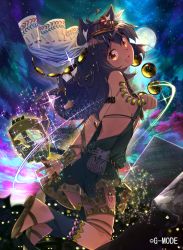 Rule 34 | 1girl, ahoge, animal ears, armband, backlighting, benio (dontsugel), black cat, black hair, bracelet, breasts, cat, cat ears, company name, dark-skinned female, dark skin, gold trim, jewelry, jumping, legband, long hair, looking at viewer, moon, nmaaaaa, official art, open mouth, original, pouch, sandals, sideboob, small breasts, smile, solo, soukyuu no skygalleon, sparkle, tattoo, watermark, yellow eyes