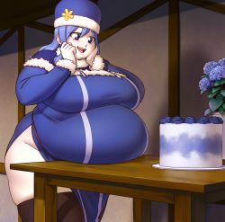 Rule 34 | 1girl, alternate body size, better-with-salt, big belly, blue eyes, blue hair, boots, breasts, cake, capelet, fairy tail, fat, flower, food, fur-trimmed capelet, fur-trimmed sleeves, fur trim, happy, hat, hat flower, highres, huge breasts, juvia lockser, long hair, obese, pale skin, plump, side slit, solo, surprised, thigh boots