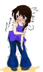 Rule 34 | 1girl, puff of air, aqua eyes, bare shoulders, blue pants, brown hair, embarrassed, female focus, flat chest, flying sweatdrops, full body, green footwear, hair tie, japanese text, jirene, jpeg artifacts, long hair, open mouth, original, pants, pee, peed self, pigeon-toed, puddle, purple shirt, shirt, shoes, simple background, sketch, sleeveless, sleeveless shirt, solo, standing, talking, tears, translation request, trembling, wet, wet clothes, white background