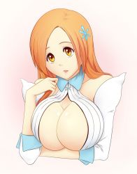 Rule 34 | 1girl, 57 (lme piggy117), bare shoulders, bleach, bleach: sennen kessen-hen, breast rest, breasts, cleavage, cleavage cutout, clothing cutout, detached sleeves, hair ornament, hairpin, huge breasts, inoue orihime, long hair, open mouth, orange hair, solo, yellow eyes
