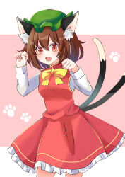 Rule 34 | 1girl, :d, animal ear fluff, animal ears, bow, bowtie, breasts, brown hair, cat ears, cat tail, chen, cowboy shot, dress, fang, gold trim, hair between eyes, hands up, hat, highres, long sleeves, medium hair, mob cap, multiple tails, nekomata, open mouth, paw pose, paw print, paw print background, petite, petticoat, pink background, red dress, red eyes, simple background, small breasts, smile, solo, tail, touhou, two tails, yellow bow, yellow bowtie, ying1hua1