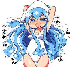 Rule 34 | 1girl, :d, arms up, bare shoulders, blue eyes, blue hair, blush, breasts, casual one-piece swimsuit, collarbone, hair between eyes, hat, heart, heart-shaped pupils, ikamusume, kanikama, long hair, looking at viewer, nose blush, one-piece swimsuit, open mouth, shinryaku! ikamusume, simple background, small breasts, smile, solo, squid hat, sweat, swimsuit, symbol-shaped pupils, tentacle hair, translation request, very long hair, white background, white one-piece swimsuit