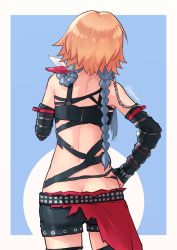 Rule 34 | 1girl, ass, back, belt, blue hair, braid, butt crack, commentary, cowboy shot, detached sleeves, from behind, gojarun, hair extensions, hair over shoulder, highres, idolmaster, idolmaster cinderella girls, idolmaster cinderella girls starlight stage, leather, leather pants, midriff, multicolored hair, ninomiya asuka, orange hair, pants, shorts, solo, standing, studded belt, thighhighs, two-tone hair