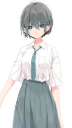 Rule 34 | 1girl, arm at side, blurry, breast pocket, breasts, bright pupils, closed mouth, collared shirt, depth of field, green eyes, green necktie, green skirt, grey hair, highres, looking at viewer, matsuda hikari, necktie, original, pocket, shirt, shirt tucked in, short hair, short sleeves, simple background, skirt, small breasts, solo, upper body, white background, white pupils, white shirt
