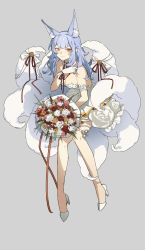 Rule 34 | 1girl, animal ear fluff, animal ears, bare shoulders, bouquet, breasts, cleavage, commentary, dress, extra ears, flower, fox ears, fox girl, fox tail, full body, grey background, hair behind ear, high heels, highres, holding, holding bouquet, invisible chair, lai dou laile 555, long hair, medium breasts, multiple tails, nijisanji, nijisanji en, nina kosaka, red eyes, red flower, sitting, smile, solo, symbol-only commentary, tail, virtual youtuber, white dress, white flower, white footwear, yellow flower