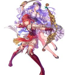 Rule 34 | 2girls, anbe yoshirou, arrow (projectile), bare shoulders, boots, bow (weapon), braid, breasts, camilla (fire emblem), cleavage, closed mouth, collarbone, dress, female focus, fire emblem, fire emblem fates, fire emblem heroes, frills, full body, gem, gloves, gold, hair over one eye, headband, highres, hinoka (fire emblem), holding, holding bow (weapon), holding sword, holding weapon, large breasts, long hair, looking away, matching hair/eyes, multiple girls, nintendo, official art, puffy short sleeves, puffy sleeves, purple hair, red eyes, red hair, short hair, short sleeves, smile, sword, thigh boots, thigh strap, thighhighs, transparent background, weapon