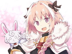 Rule 34 | 1boy, androgynous, astolfo (fate), black bow, bow, braid, cape, commentary request, fang, fangs, fate/apocrypha, fate/grand order, fate (series), fou (fate), fur trim, hair intakes, hair ribbon, long hair, looking at viewer, male focus, multicolored hair, open mouth, pink hair, purple eyes, purple hair, ribbon, rioshi, single braid, smile, solo, streaked hair, trap