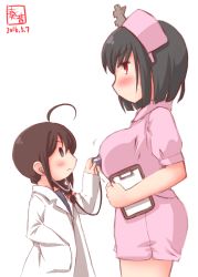Rule 34 | 10s, 2girls, :3, ahoge, alternate costume, black hair, blush, braid, breasts, brown hair, child, clipboard, commentary request, dated, doctor, hair ornament, hair over shoulder, hair ribbon, hand in pocket, hat, headgear, highres, kanon (kurogane knights), kantai collection, lab coat, large breasts, long sleeves, multiple girls, nurse, nurse cap, red eyes, red ribbon, ribbon, shigure (kancolle), short hair, short sleeves, simple background, single braid, stethoscope, white background, yamashiro (kancolle), you&#039;re doing it wrong, aged down