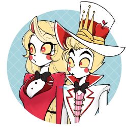 Rule 34 | 1boy, 1girl, blonde hair, charlie morningstar, colored sclera, father and daughter, formal, hat, hazbin hotel, height difference, highres, long hair, looking ahead, lucifer morningstar (hazbin hotel), o3o, red eyes, short hair, suit, upper body, yellow sclera, zumin
