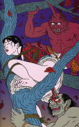 Rule 34 | 1girl, ass, blood, blue oni, from below, goblin, highres, horns, japanese clothes, monster, oni, rape, red oni, rope, saeki toshio, single horn, tree