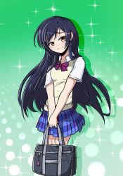Rule 34 | 1girl, artist name, artist request, bag, bare legs, blue hair, blue skirt, blush, bow, bowtie, breasts, brown eyes, checkered clothes, checkered skirt, collared shirt, female focus, floating hair, green background, hair between eyes, holding, long hair, looking at viewer, love live!, love live! school idol project, miniskirt, otonokizaka school uniform, parted lips, plaid, plaid skirt, pleated, pleated skirt, red bow, school bag, school uniform, shirt, short sleeves, skirt, small breasts, smile, solo, sonoda umi, sparkle, striped, striped bow, sweater vest, vest, wavy hair, white shirt, wing collar, yellow eyes, yellow vest