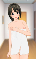 Rule 34 | 1girl, 3d, black hair, blue eyes, blush, breasts, ceiling, classmate daisuki, cleft of venus, collarbone, door, female pubic hair, highres, long hair, looking at viewer, medium breasts, naked towel, nipples, nude, open mouth, pubic hair, pussy, solo, standing, towel, uncensored, wall