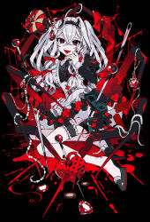 Rule 34 | 1girl, apron, black background, black dress, black footwear, blood, bow, commentary request, crown, dress, fangs, frilled apron, frills, full body, gem, grey eyes, grey hair, hair between eyes, hand up, heart, highres, holding, horns, juliet sleeves, long hair, long sleeves, looking at viewer, maid, maid headdress, mini crown, needle, nou (nounknown), original, piercing, puffy sleeves, pushpin, red bow, red gemstone, sewing needle, shoes, solo, tongue, tongue out, tongue piercing, twintails, very long hair, white apron