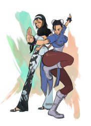 Rule 34 | 2girls, ass, back-to-back, black hair, boots, bracelet, bun cover, capcom, china dress, chinese clothes, chun-li, crossover, double bun, dress, fighting stance, hair bun, hands on own hips, highres, jewelry, kazama jun, long legs, mature female, md5 mismatch, multiple girls, namco, pantyhose, pelvic curtain, resized, resolution mismatch, sandals, sash, seeso2d, short hair, source smaller, spiked bracelet, spikes, standing, standing on one leg, street fighter, street fighter x tekken, tekken, tekken 2, upscaled