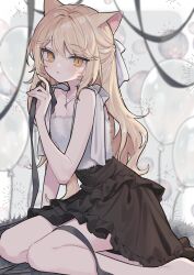Rule 34 | 1girl, animal ears, balloon, black ribbon, black skirt, blonde hair, blush, commentary request, commission, hair ribbon, highres, holding, holding ribbon, jewelry, long hair, looking to the side, mimelond, necklace, orange eyes, original, parted lips, ribbon, second-party source, sitting, skeb commission, skirt, solo, strapless, tube top, white fur, white ribbon, white tube top, yokozuwari