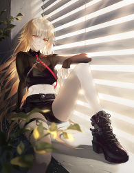 Rule 34 | 1girl, ahoge, ankle boots, arm support, bare legs, black bra, black footwear, black shirt, black shorts, window blinds, blonde hair, blouse, blush, boots, bra, breasts, chain, contemporary, crop top, day, expressionless, fajyobore, fate/grand order, fate (series), feet out of frame, head tilt, highres, jeanne d&#039;arc (fate), jeanne d&#039;arc alter (avenger) (fate), jeanne d&#039;arc alter (fate), knee up, large breasts, light particles, long hair, long sleeves, looking at viewer, midriff, o-ring, see-through, shadow, shirt, short shorts, shorts, sitting, solo, sunlight, thigh strap, thighs, underwear, windowsill, yellow eyes