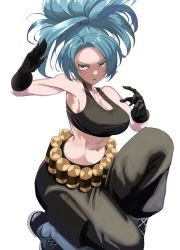 Rule 34 | 1girl, bare shoulders, belt, black gloves, black pants, black tank top, blue eyes, blue hair, breasts, cargo pants, clenched hand, dondobi, earrings, gas can, gloves, highres, jewelry, leona heidern, looking at viewer, midriff, navel, pants, ponytail, simple background, solo, tank top, the king of fighters, the king of fighters xiii, triangle earrings