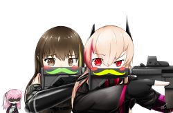 Rule 34 | 3girls, anger vein, angry, arm armor, assault rifle, bandana, black bandana, black gloves, black jacket, black ribbon, black sweater, blue jacket, blush, blush stickers, commentary request, covering own mouth, detached sleeves, facial hair, fake facial hair, fake mustache, fingerless gloves, girls&#039; frontline, gloves, gun, hair ornament, hair over shoulder, hair ribbon, headgear, highres, holding, holding weapon, impending hit, jacket, long hair, looking at another, looking at viewer, m4 carbine, m4 sopmod ii, m4 sopmod ii (girls&#039; frontline), m4a1 (girls&#039; frontline), mechanical arms, multicolored hair, multiple girls, mustache, open clothes, open jacket, pink hair, ribbon, rifle, shirosh, side ponytail, single mechanical arm, skull print, sleeveless, sleeveless sweater, st ar-15 (girls&#039; frontline), staring, sweater, weapon
