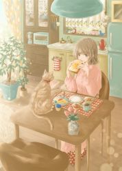 Rule 34 | 1girl, blender (object), bowl, bread, bread slice, breakfast, brown eyes, brown hair, cabinet, cat, ceiling light, chair, coffee, coffee mug, coffee pot, cup, curtains, flower, food, fork, from above, fruit, frying pan, highres, hoshiibara mato, indoors, jam, jar, kitchen, kitchen scale, looking to the side, measuring cup, medium hair, microwave, mug, noodle strainer, omelet, omurice, original, pajamas, pink flower, pink pajamas, pink rose, placemat, plate, polka dot, polka dot slippers, refrigerator, rose, rug, sink, slippers, smile, solo, soup, spoon, strainer, strawberry, table, toast, toaster oven, tree, wash cloth, weighing scale, window, wooden floor