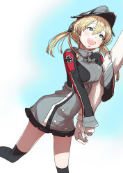 Rule 34 | 10s, 1girl, 3h-sensei, :d, admiral (kancolle), arm hug, bad id, bad pixiv id, black skirt, blonde hair, blue eyes, blush, breasts, cross, gloves, hair ornament, hat, iron cross, kantai collection, large breasts, long hair, long sleeves, looking at another, military, military uniform, miniskirt, open mouth, out of frame, peaked cap, prinz eugen (kancolle), skirt, smile, solo focus, twintails, uniform, white gloves