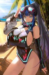 Rule 34 | 1girl, absurdres, bare shoulders, beach, black hair, blue eyes, blue hair, blue sky, breasts, character request, copyright request, covered navel, detached sleeves, elbow gloves, eyewear on head, fern, gloves, high collar, high ponytail, highres, huge breasts, kanashi kumo, long hair, looking at viewer, multicolored hair, one-piece swimsuit, outdoors, partially fingerless gloves, ponytail, salute, sand, sideboob, single glove, sky, solo, standing, strap, streaked hair, swimsuit, thighs, very long hair, water