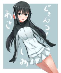 Rule 34 | 10s, 1girl, ame-rain, aqua background, asashio (kancolle), black hair, blue eyes, blush, breasts, character name, cosplay, cowboy shot, dutch angle, gentoo penguin (kemono friends), gentoo penguin (kemono friends) (cosplay), headphones, highres, kantai collection, kemono friends, long hair, looking at viewer, medium breasts, microskirt, open mouth, pleated skirt, sidelocks, skirt, smile, solo, sweater, teeth, turtleneck, turtleneck sweater, two-tone background, white background, white skirt