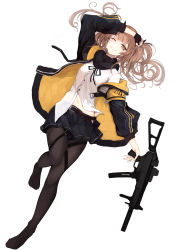 Rule 34 | 1girl, absurdres, arm up, belt, belt buckle, black belt, black bow, black gloves, black pantyhose, black ribbon, black skirt, bow, breasts, brown eyes, brown hair, buckle, closed mouth, commentary, dress shirt, dutch angle, fingerless gloves, full body, girls&#039; frontline, gloves, gun, h&amp;k ump, h&amp;k ump, hair bow, highres, holding, holding gun, holding weapon, hood, hood down, hooded jacket, jacket, long hair, long sleeves, looking at viewer, lumo 1121, lying, name connection, navel, neck ribbon, no shoes, object namesake, on back, one eye closed, one side up, open clothes, open jacket, pantyhose, pleated skirt, puffy long sleeves, puffy sleeves, ribbon, shirt, simple background, skirt, small breasts, smile, solo, ump9 (girls&#039; frontline), weapon, white background, white shirt