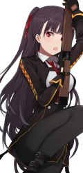 Rule 34 | &gt;:o, 1girl, :o, black gloves, black hair, black pantyhose, black skirt, bullpup, girls&#039; frontline, gloves, gun, hair ribbon, high-waist skirt, holding, holding gun, holding weapon, jacket, knee up, long hair, looking at viewer, military, military uniform, one side up, open clothes, open jacket, open mouth, pantyhose, pinch (nesume), red eyes, red ribbon, ribbon, rifle, skirt, sniper rifle, solo, suspenders, uniform, v-shaped eyebrows, wa2000 (girls&#039; frontline), walther, walther wa 2000, weapon
