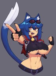 Rule 34 | 1girl, absurdres, animal ears, bell, black gloves, blue hair, breasts, cat ears, cat girl, cat tail, cleavage, doce, eyewear on head, fingerless gloves, fingernails, freckles, gloves, grey background, highres, large breasts, looking at viewer, navel, neck bell, open mouth, original, phantasy star, phantasy star online 2, red eyes, sharp fingernails, sharp teeth, short hair, simple background, smile, solo, sunglasses, tail, teeth, underboob, upper body, upper teeth only, xiao (docecaedrus)