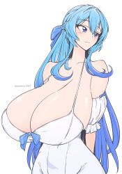 Rule 34 | 1girl, absurdres, arm cuffs, arms behind back, bare shoulders, blue eyes, blue hair, blush, braid, breasts, cleavage, closed mouth, collarbone, dress, goddess of victory: nikke, helm (nikke), highres, huge breasts, long hair, looking to the side, simple background, smile, solo, twitter username, white background, white dress, yoonsun