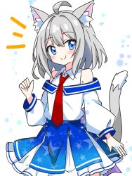 1girl ahoge animal_ear_fluff animal_ears bare_shoulders blue_eyes blush cat_ears cat_girl cat_tail closed_mouth clothing_cutout collared_dress commentary_request cowboy_shot dot_nose dress frilled_dress frills grey_hair hand_up highres kotatsu-mazoku long_sleeves looking_at_viewer necktie notice_lines original red_necktie short_hair shoulder_cutout sidelocks simple_background smile solo star_(symbol) star_print tail white_background