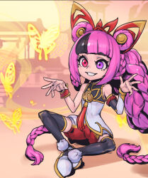 Rule 34 | 1girl, animal ears, asymmetrical sleeves, bare shoulders, black hair, black thighhighs, blunt bangs, braid, bug, butterfly, detached sleeves, double bun, fake animal ears, grey shorts, grin, hair bun, heterochromia, house, insect, league of legends, long hair, multicolored clothes, multicolored shorts, mythmaker zoe, official alternate costume, outdoors, phantom ix row, pink eyes, pink hair, purple eyes, rabbit ears, red shorts, shoes, shorts, smile, solo, teeth, thighhighs, twintails, wrist cuffs, zoe (league of legends)
