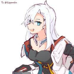 Rule 34 | 1girl, :d, alonemistrist, black gloves, black shirt, blue eyes, dragalia lost, gloves, ilia (dragalia lost), long hair, long sleeves, looking at viewer, open mouth, shirt, smile, solo, teeth, upper body, upper teeth only, vest, white hair, white vest