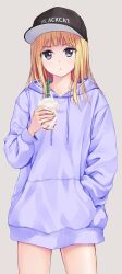 Rule 34 | 1girl, :o, baseball cap, black hat, blonde hair, cowboy shot, cup, disposable cup, drawstring, drinking straw, grey background, hand in pocket, hat, headwear writing, highres, holding, holding cup, hood, hoodie, no pants, original, pasdar, purple eyes, purple hoodie, simple background, solo