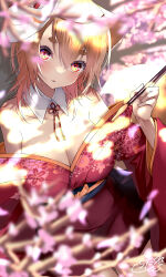 Rule 34 | 1girl, animal ears, blonde hair, blurry, blurry foreground, branch, breasts, chita (ketchup), cleavage, collar, commentary request, depth of field, detached collar, floral print, fox ears, fox girl, fox tail, hair between eyes, highres, holding, holding smoking pipe, japanese clothes, kimono, kiseru, medium breasts, obi, off shoulder, original, parted lips, pleated skirt, print kimono, red eyes, red kimono, red skirt, sash, short eyebrows, skirt, smoking pipe, solo, tail, thick eyebrows, white collar, wing collar