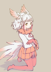 Rule 34 | 1girl, bird girl, bird tail, bird wings, bird witch, commentary request, elbow gloves, frilled sleeves, frills, fur collar, gloves, head wings, highres, japanese crested ibis (kemono friends), kemono friends, kneeling, long sleeves, multicolored hair, neck ribbon, no shoes, pantyhose, pleated skirt, red fur, red gloves, red hair, red pantyhose, red ribbon, red skirt, ribbon, shirt, short hair, sidelocks, skirt, solo, tail, white hair, white shirt, wings, yellow eyes