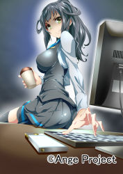 Rule 34 | 10s, 1girl, ange vierge, bad id, bad pixiv id, black hair, cellphone, coffee cup, computer, cup, disposable cup, highres, long hair, long sleeves, phone, ponytail, skirt, solo, thighhighs, toru k, yellow eyes