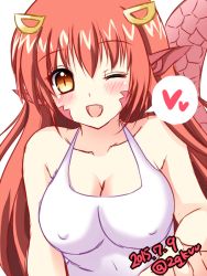 Rule 34 | 10s, 1girl, 2015, :d, bad id, bad pixiv id, blush, breasts, collarbone, covered erect nipples, covered navel, dated, fang, hair ornament, hairclip, heart, lamia, large breasts, long hair, looking at viewer, miia (monster musume), monster girl, monster musume no iru nichijou, one eye closed, open mouth, pointy ears, red hair, scales, simple background, slit pupils, smile, solo, spoken heart, tsuji kanata, twitter username, upper body, yellow eyes