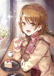 Rule 34 | 1girl, blush, breasts, brown eyes, brown hair, cake, chocolate, feeding, food, fork, fruit, highres, holding, incoming food, isshiki iroha, jacket, ks (xephyrks), looking at viewer, medium breasts, open mouth, plate, pov feeding, sharing food, short hair, smile, solo, spoon, strawberry, upper body, yahari ore no seishun lovecome wa machigatteiru.
