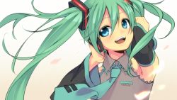 Rule 34 | 1girl, :d, arms up, bad id, bad pixiv id, blue eyes, cherry blossoms, colored eyelashes, detached sleeves, green hair, hatsune miku, headphones, highres, kiya machi, necktie, open mouth, smile, solo, twintails, upper body, vocaloid, wind