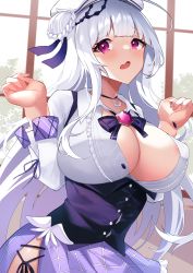 Rule 34 | 1girl, absurdres, arms up, azur lane, blush, bow, braid, braided bun, breasts, cleavage, corset, covered erect nipples, cygnet (azur lane), cygnet (retrofit) (azur lane), hair bun, hair ornament, hair ribbon, hat, highres, jewelry, large breasts, long hair, looking at viewer, necklace, nipples, open mouth, purple bow, purple eyes, purple skirt, ribbon, shirt, skirt, solo, white hair, white shirt, window, yamaha tsui